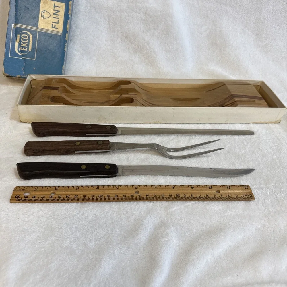 Vtg. EKCO FLINT Cutlery Set Stainless Vanadium Carving 3pc Set Knife Block & Box